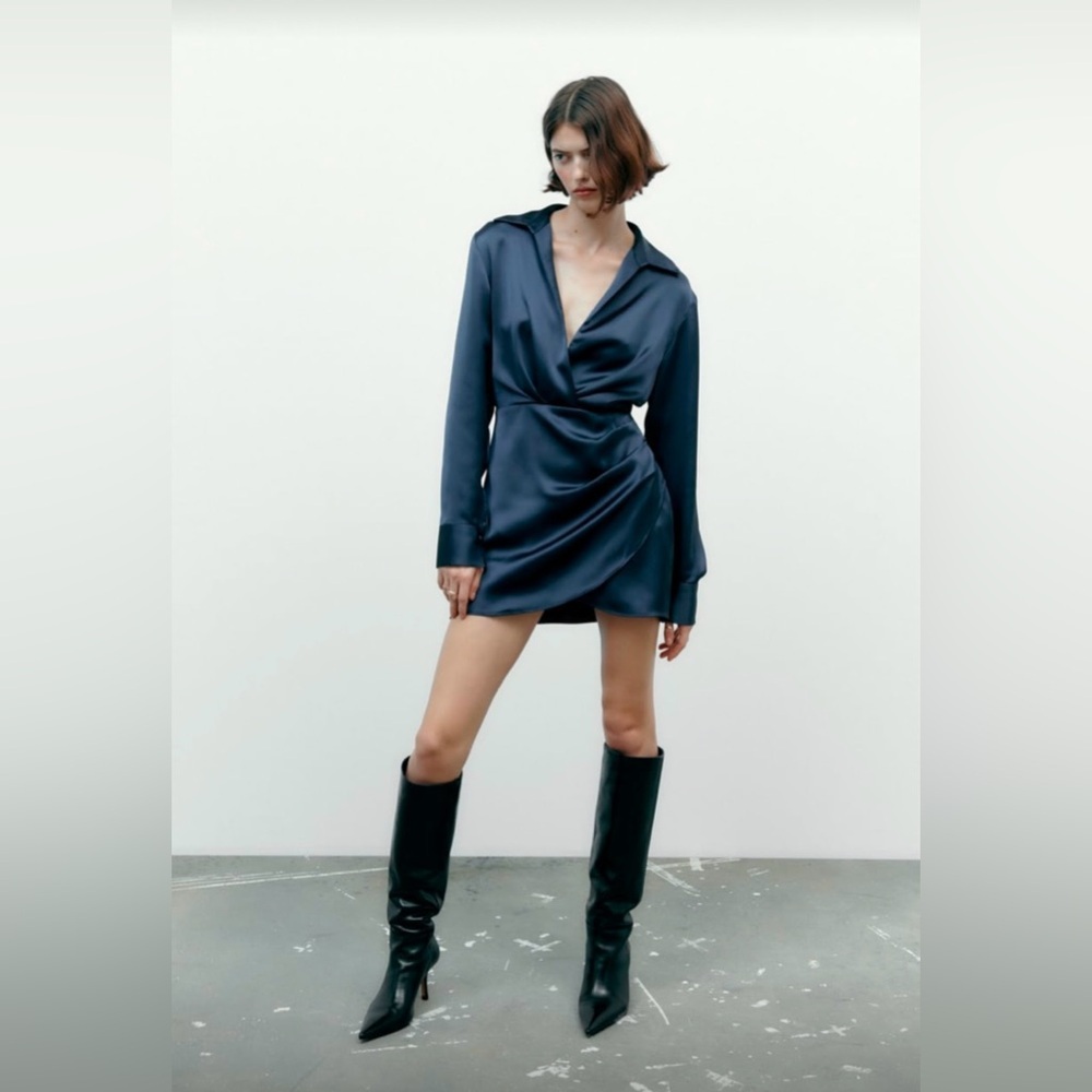 ZARA Short Satin Effect Dress Navy Women’s Size XS - Picture 12 of 12